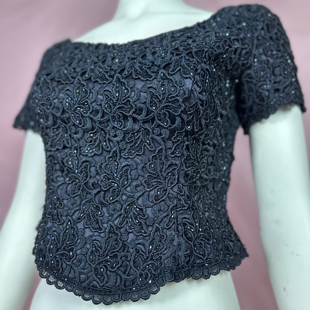 HTF Carmen Marc Valvo Petite beaded blue short-sleeve formal top, size 6 - Picture 11 of 16